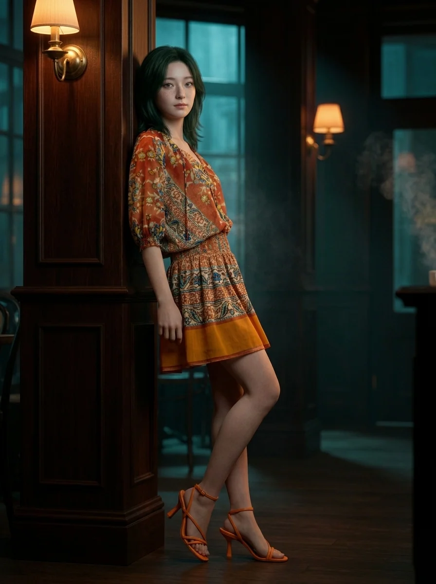 森川凌身穿橘色印花洋裝，在咖啡館看向鏡頭的服裝與品牌形象示範照