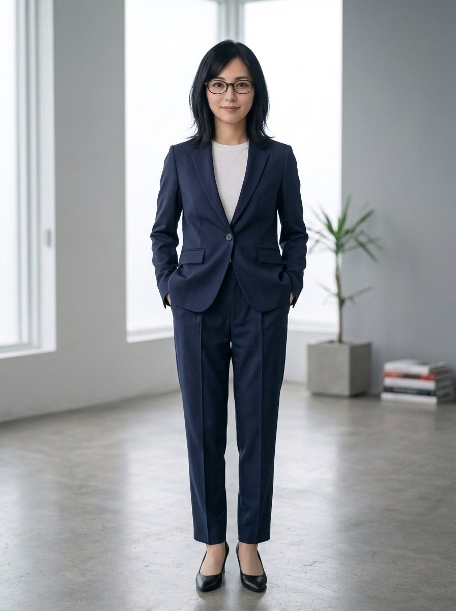 AI 製作的深藍西裝穿著情境圖